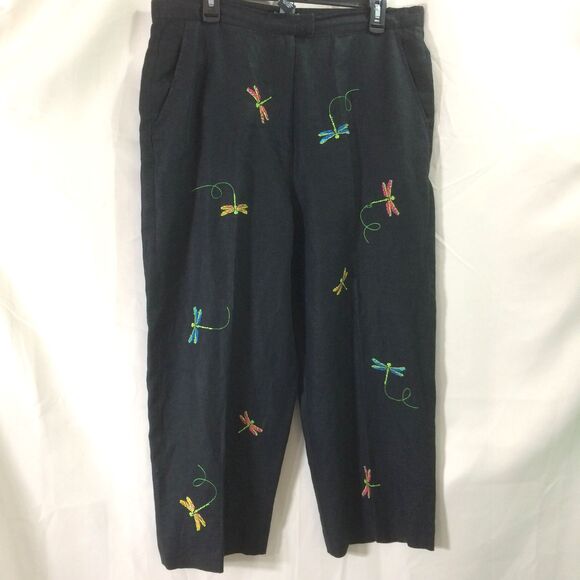 Alexandra Bartlett Linen Pants Embroidered Dragonflies Black Cropped Size 14W - Picture 1 of 4
